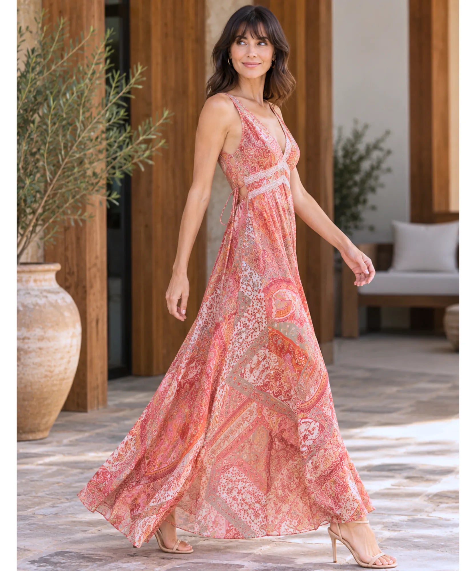 Comprar vestido boho chic longo fluido estampado terracota em promoção Anellimn