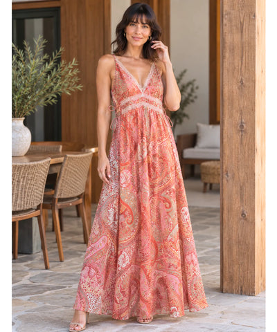 Comprar vestido boho chic longo alças finas terracota em promoção Anellimn