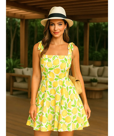 Comprar vestido boho curto estampado frutas alças amarrar verão casual feminino barato promoção ZARA
