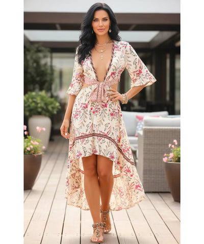 Vestido Boho Florido Midi Feminino Manga Curta Decote V Viscose Casual barato em promoção ZARA

