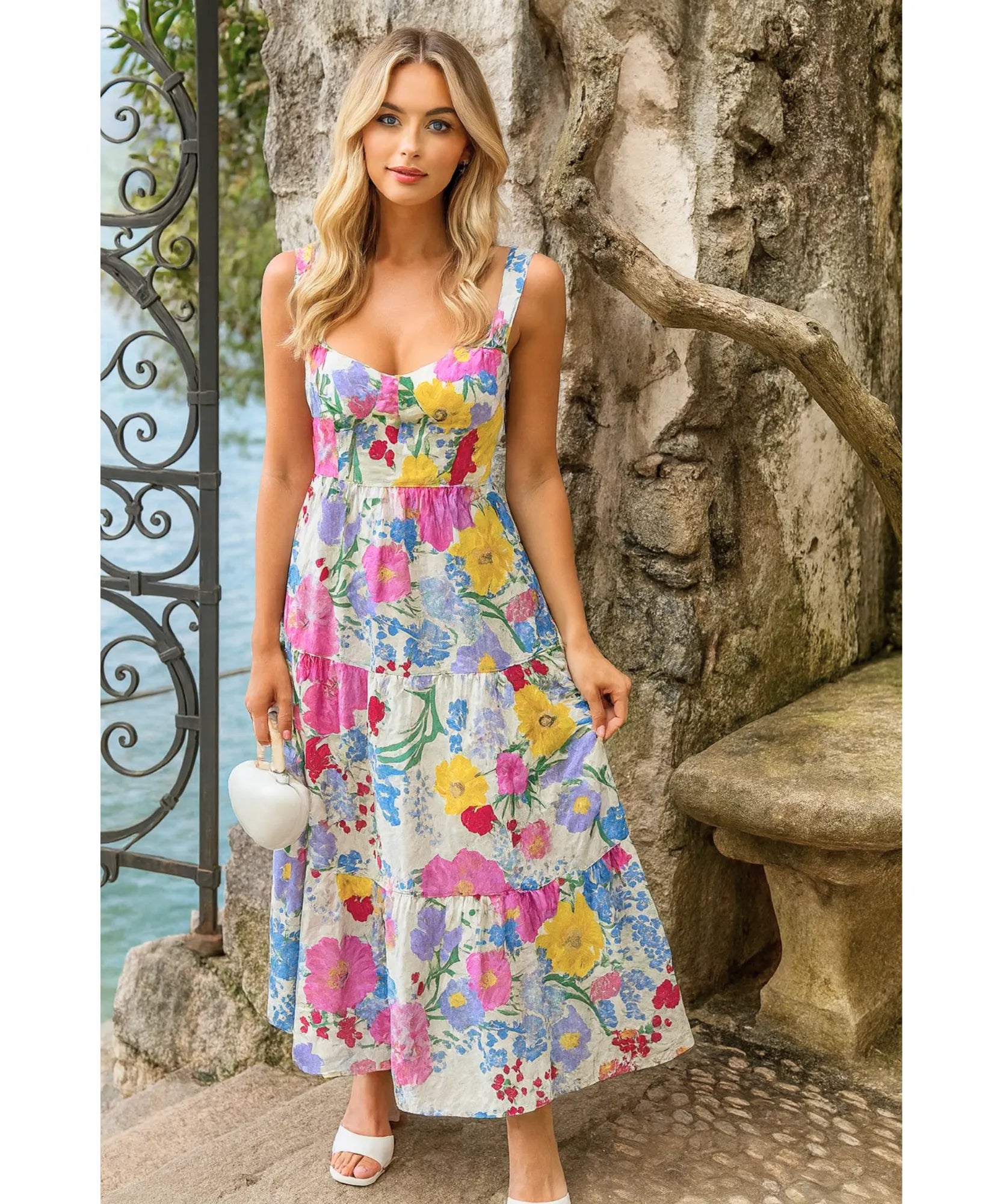 Comprar vestido boho midi feminino florido estampado com camadas e alças ajustáveis para verão barato em promoção ZARA
