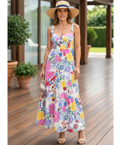 Comprar vestido boho midi feminino florido estampado com camadas e alças ajustáveis para verão barato em promoção ZARA
