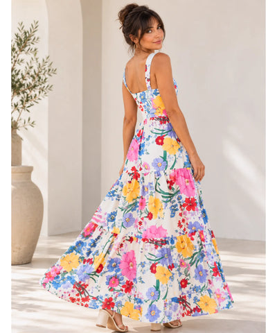 Vestido boho midi floral estampado, modelo de costas mostrando as alças