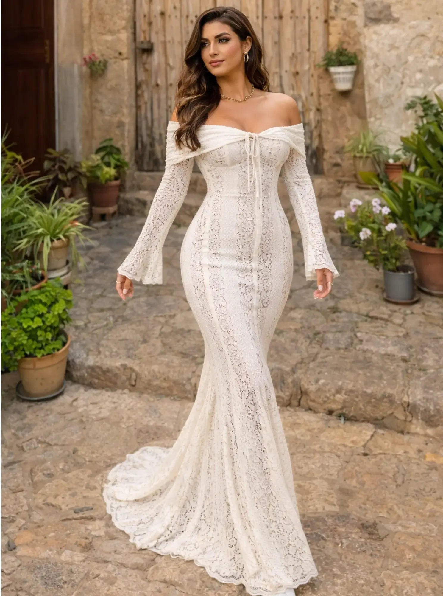 Comprar vestido branco longo renda tomara que caia sereia elegante para casamento civil barato 