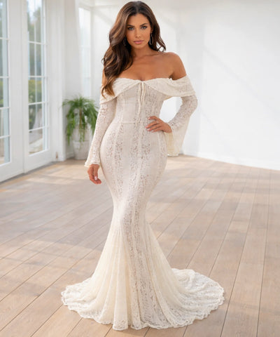 Comprar vestido branco longo renda tomara que caia sereia elegante para casamento civil barato ANELLIMN