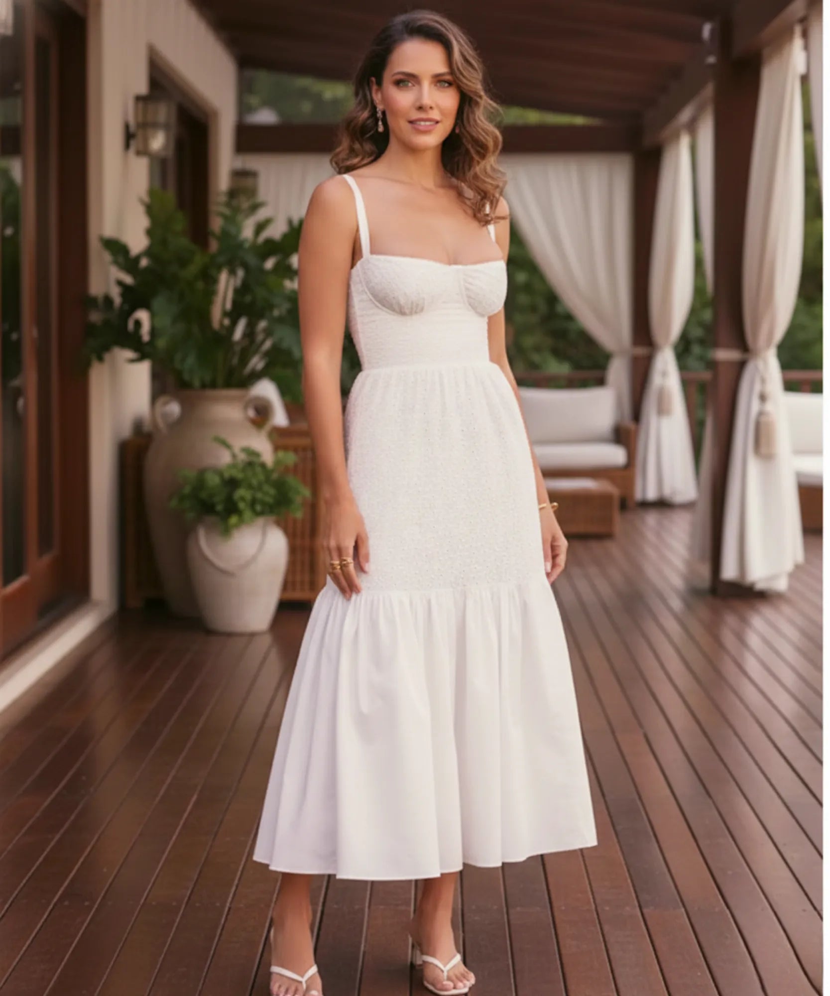 Comprar vestido branco midi feminino laise poá alças largas elegante verão casamento civil barato em promoção ZARA