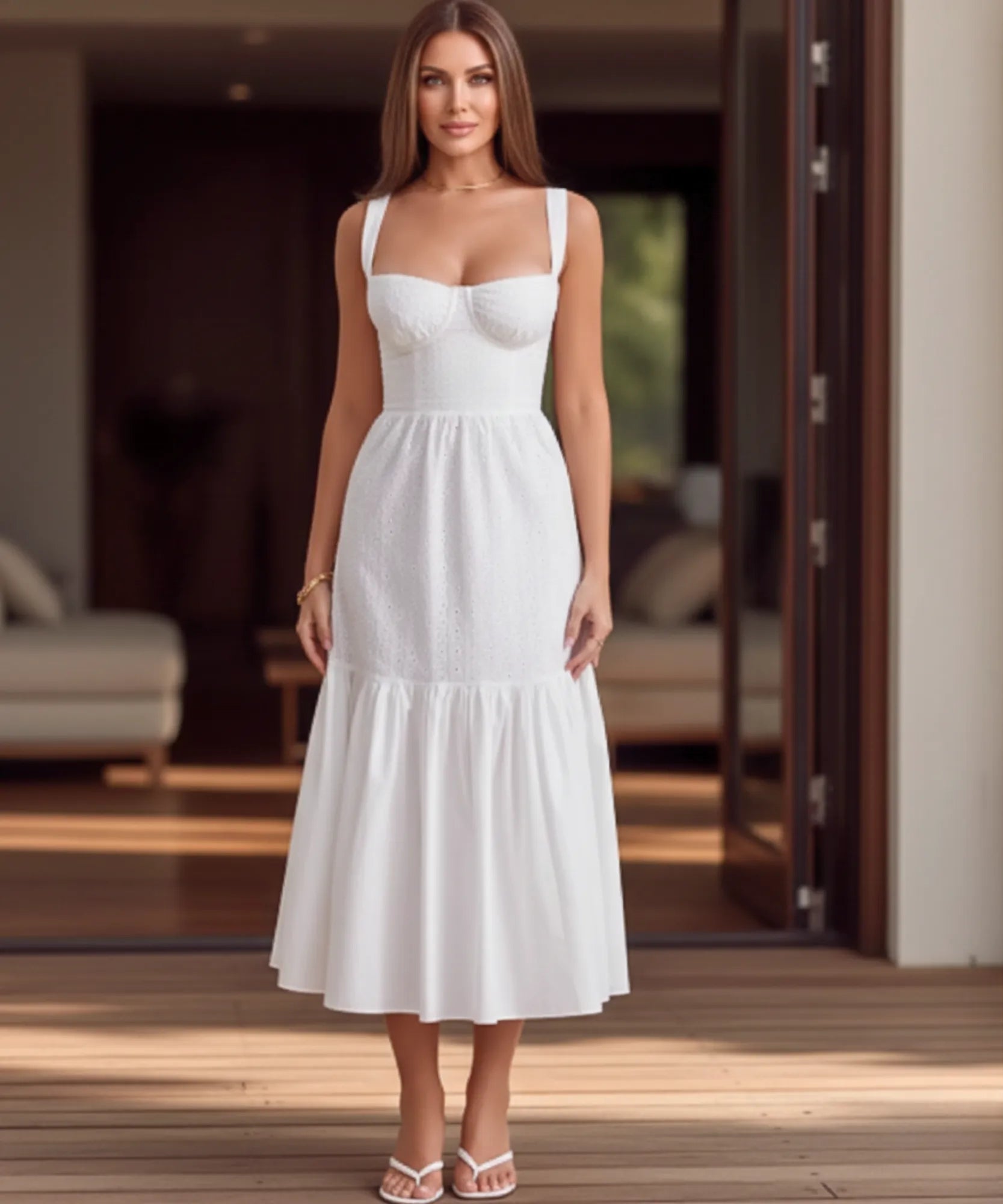 Comprar vestido branco midi feminino laise poá alças largas elegante verão casamento civil barato em promoção ZARA