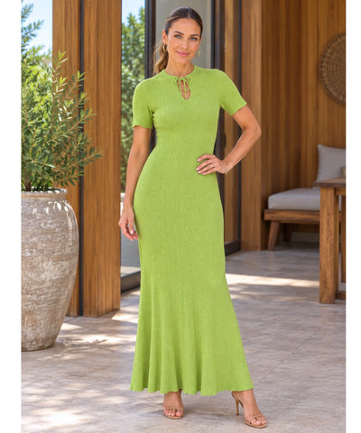 Vestido canelado longo feminino verde, corpo inteiro