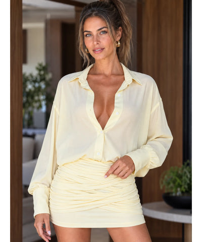 Comprar vestido chemise curto amarelo barato Anellimn
