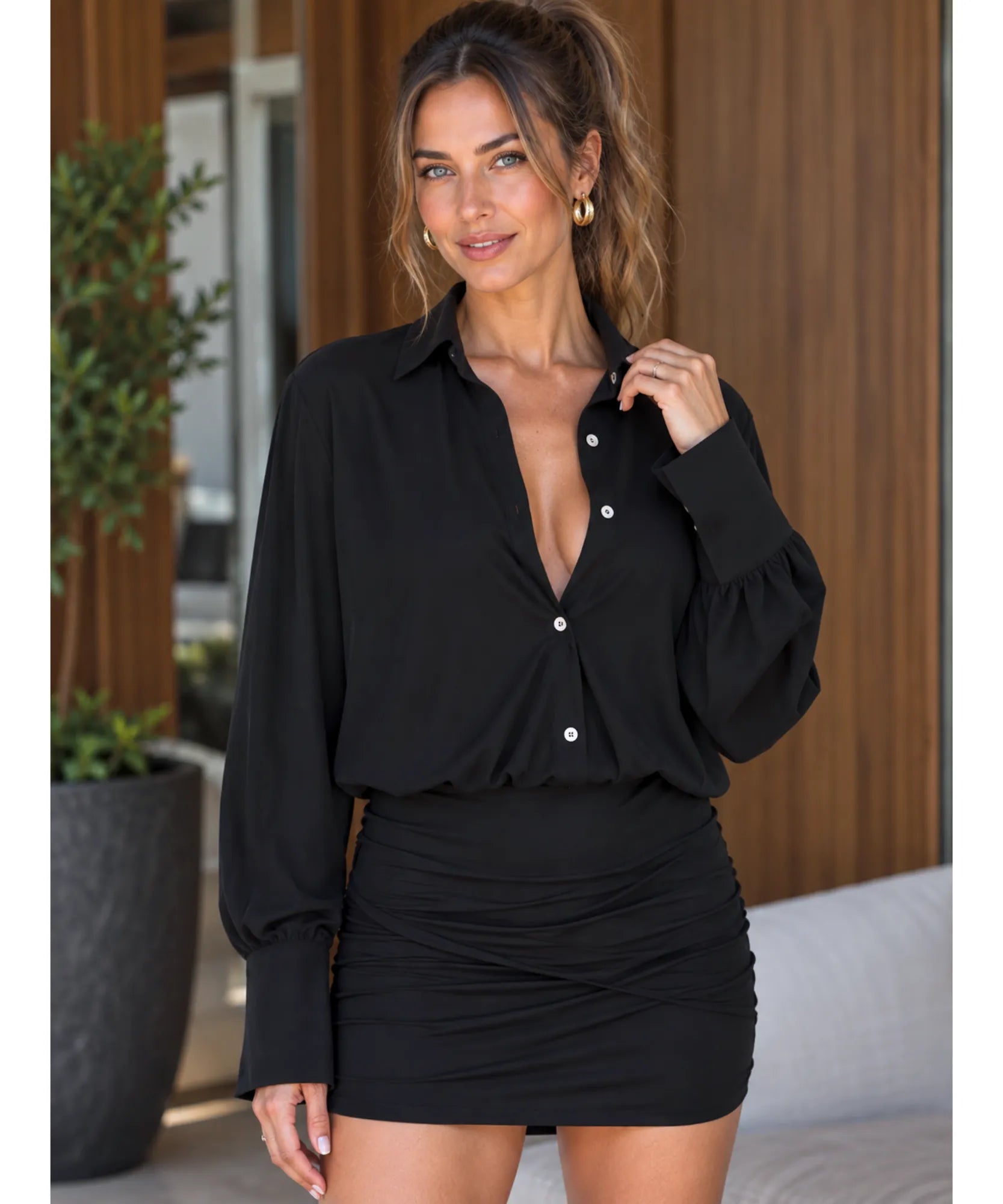 Comprar vestido chemise curto preto barato Anellimn