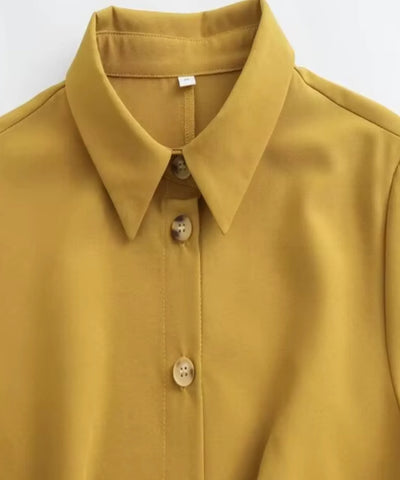 Comprar vestido chemise moderno gola camisa e botões mostarda em promoção Anellimn