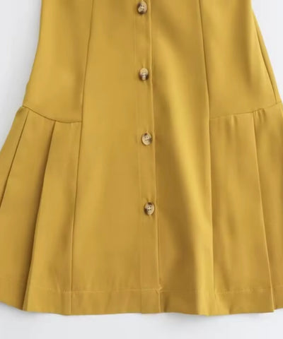 Comprar vestido chemise moderno saia com pregas mostarda em promoção Anellimn