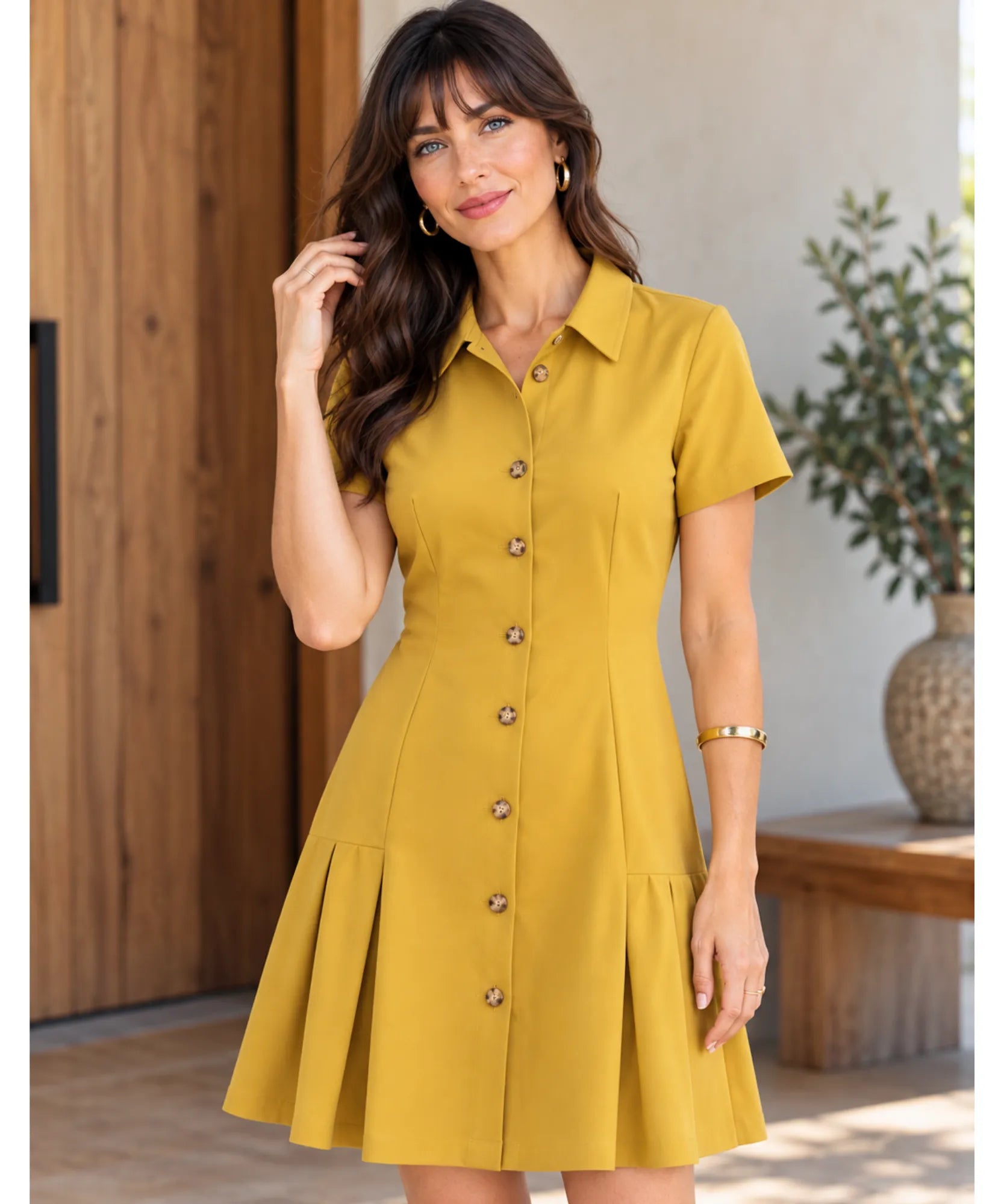 Comprar vestido chemise moderno manga curta com botões mostarda em promoção Anellimn