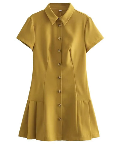 Comprar vestido chemise moderno curto acinturado mostarda em promoção Anellimn