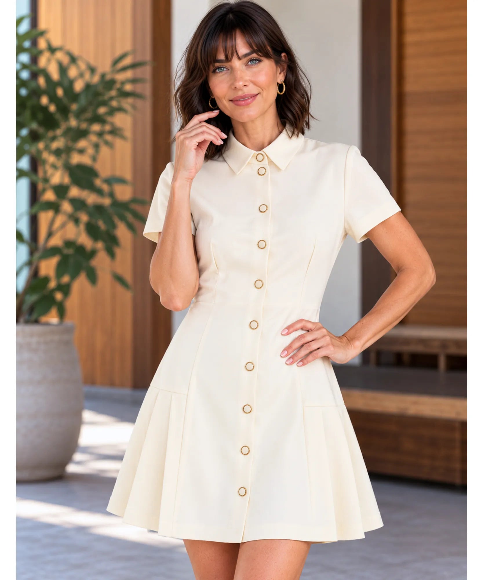 Comprar vestido chemise moderno manga curta off white em promoção Anellimn