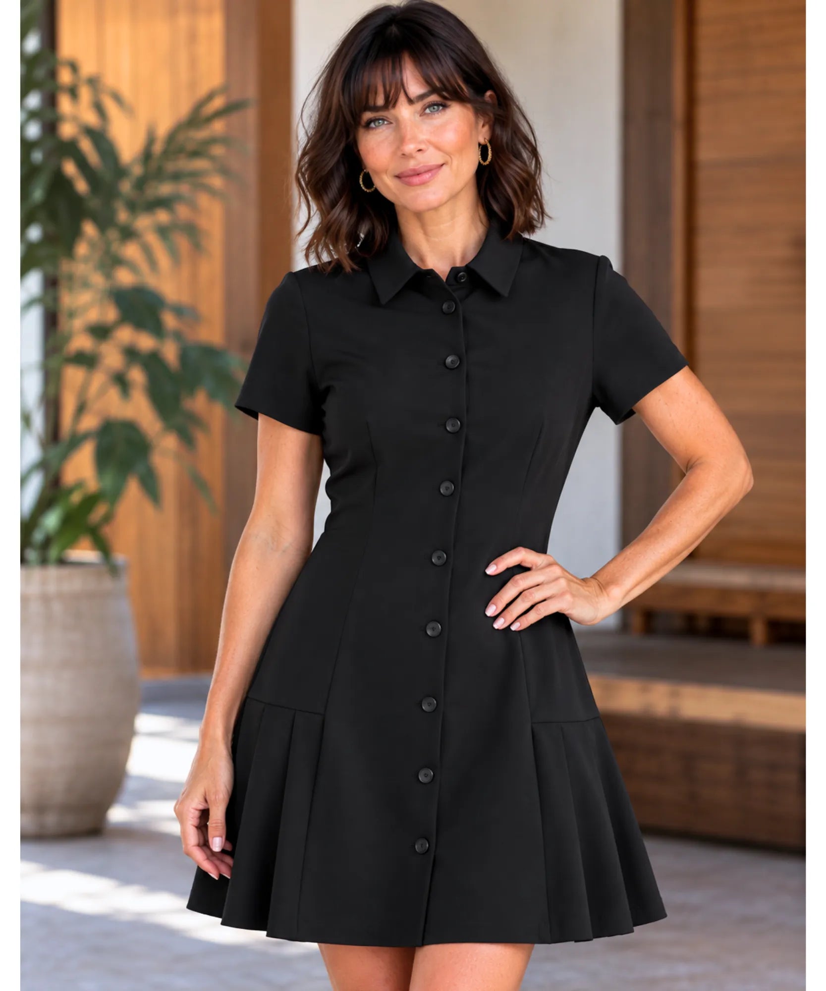 Comprar vestido chemise moderno manga curta com botões preto em promoção Anellimn