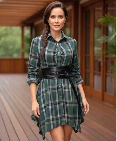 Comprar vestido country festa junina curto com faixa na cintura e saia assimétrica em flanela barato ANELLIMN