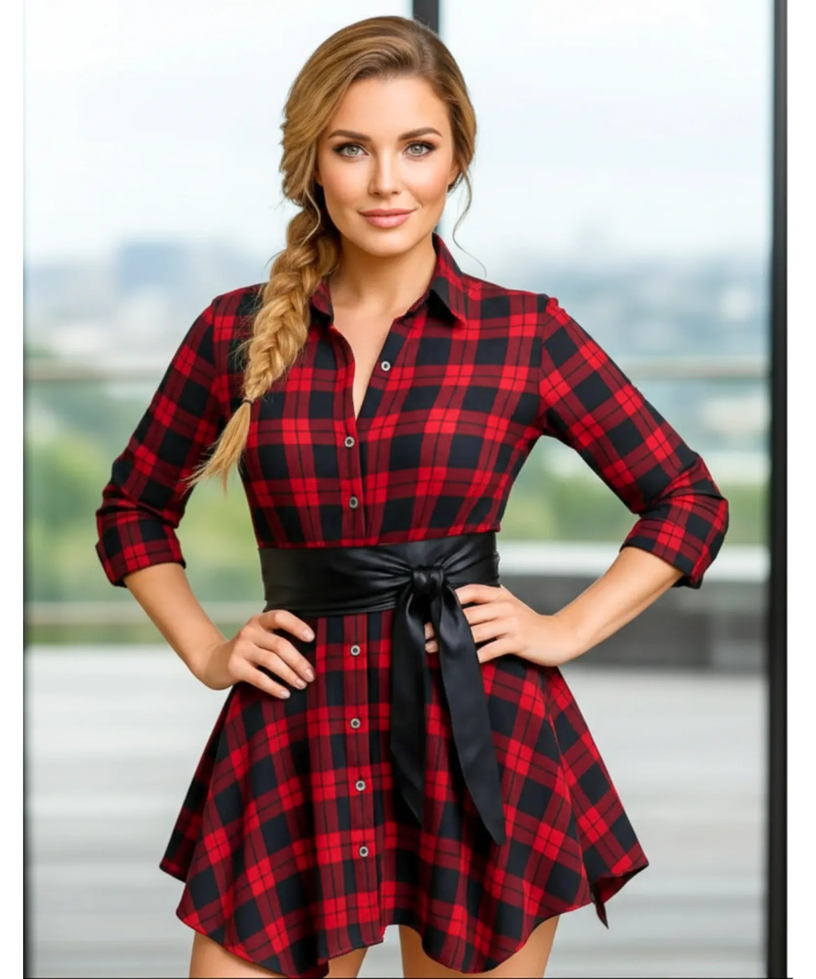 Comprar vestido country festa junina curto com faixa na cintura e saia assimétrica em flanela barato ANELLIMN