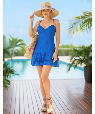 Comprar vestido curto azul bordado inglês babados duplos alças finas feminino verão barato ou em promoção ZARA
