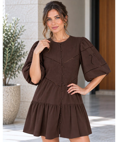 Comprar vestido curto com manga bufante marrom bordado barato Anellimn