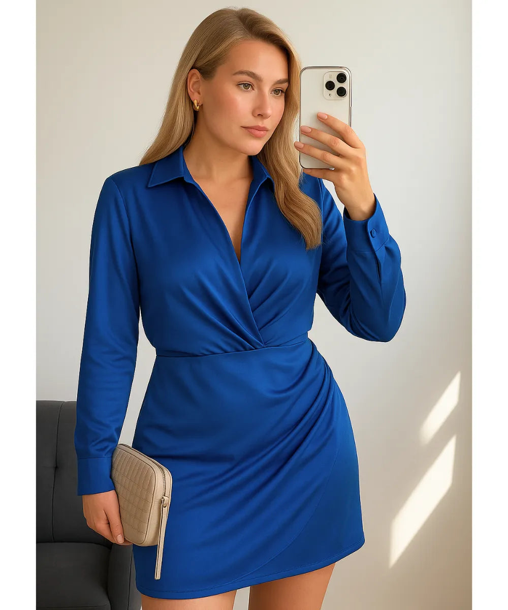 Comprar vestido curto de festa em cetim azul com manga longa, gola de camisa e torção frontal elegante para eventos noturnos em promoção ZARA
