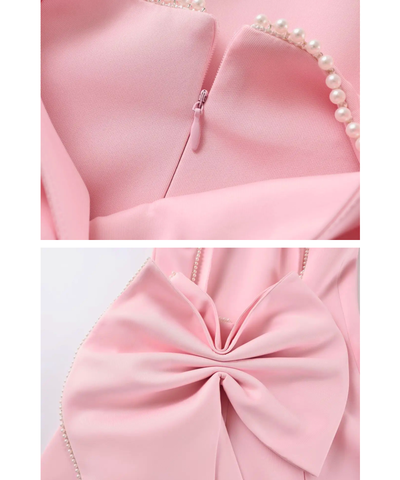 Vestido Curto de Festa Pérolas Laço Costas Elegante | Aminah