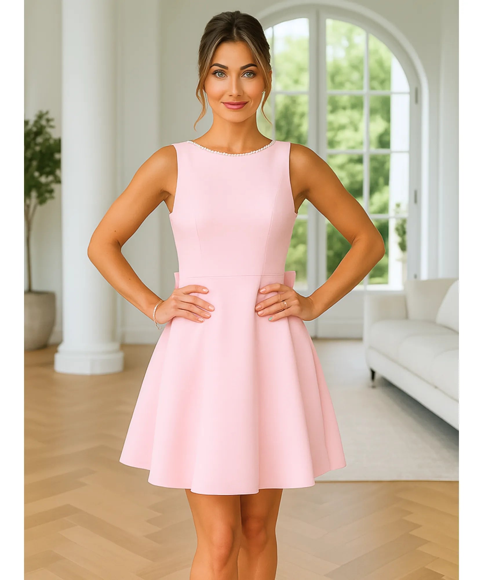 Comprar vestido curto de festa rosa pérolas laço costas regata estruturado formatura casamento civil madrinha em promoção ZARA - LADY DRESS