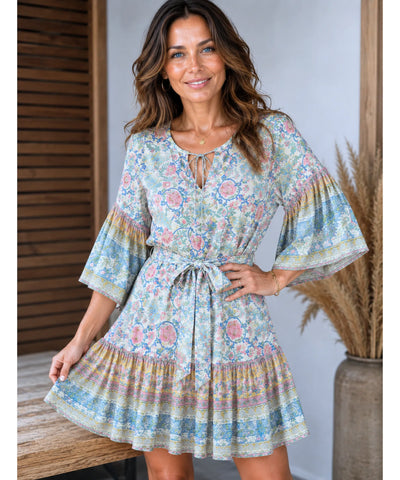 Comprar vestido curto floral boho off white barato Anellimn