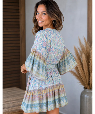 Comprar vestido curto floral costas manga sino off white barato Anellimn