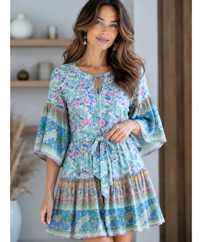 Comprar vestido curto floral feminino amarração off white barato Anellimn