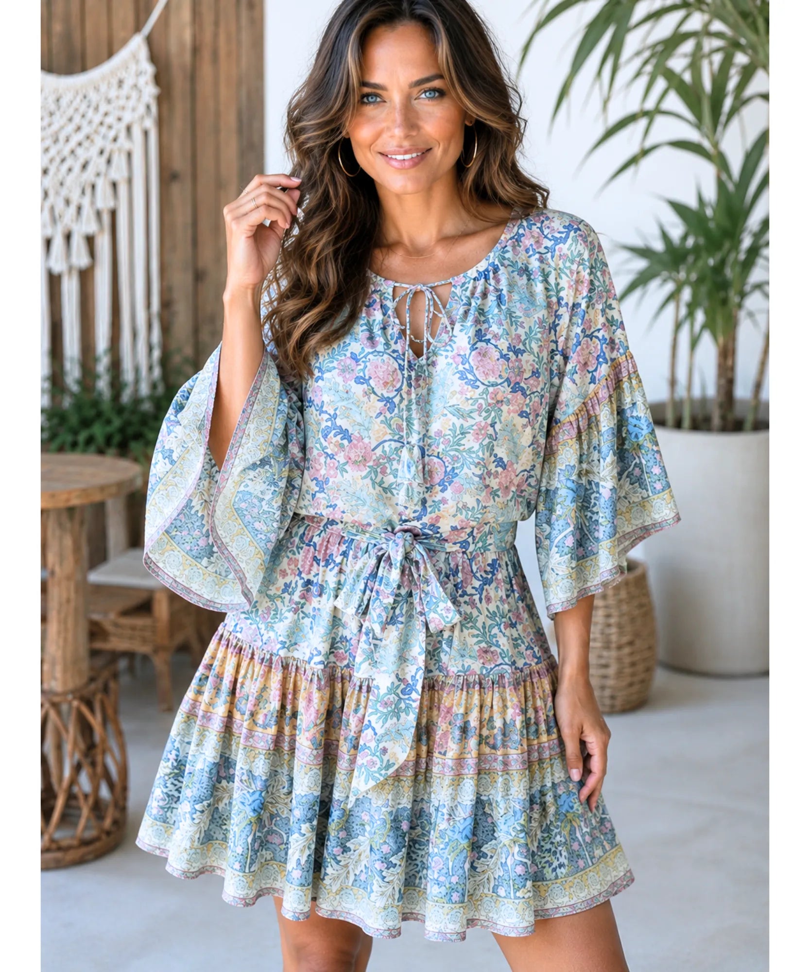 Comprar vestido curto floral viscose manga sino off white barato Anellimn