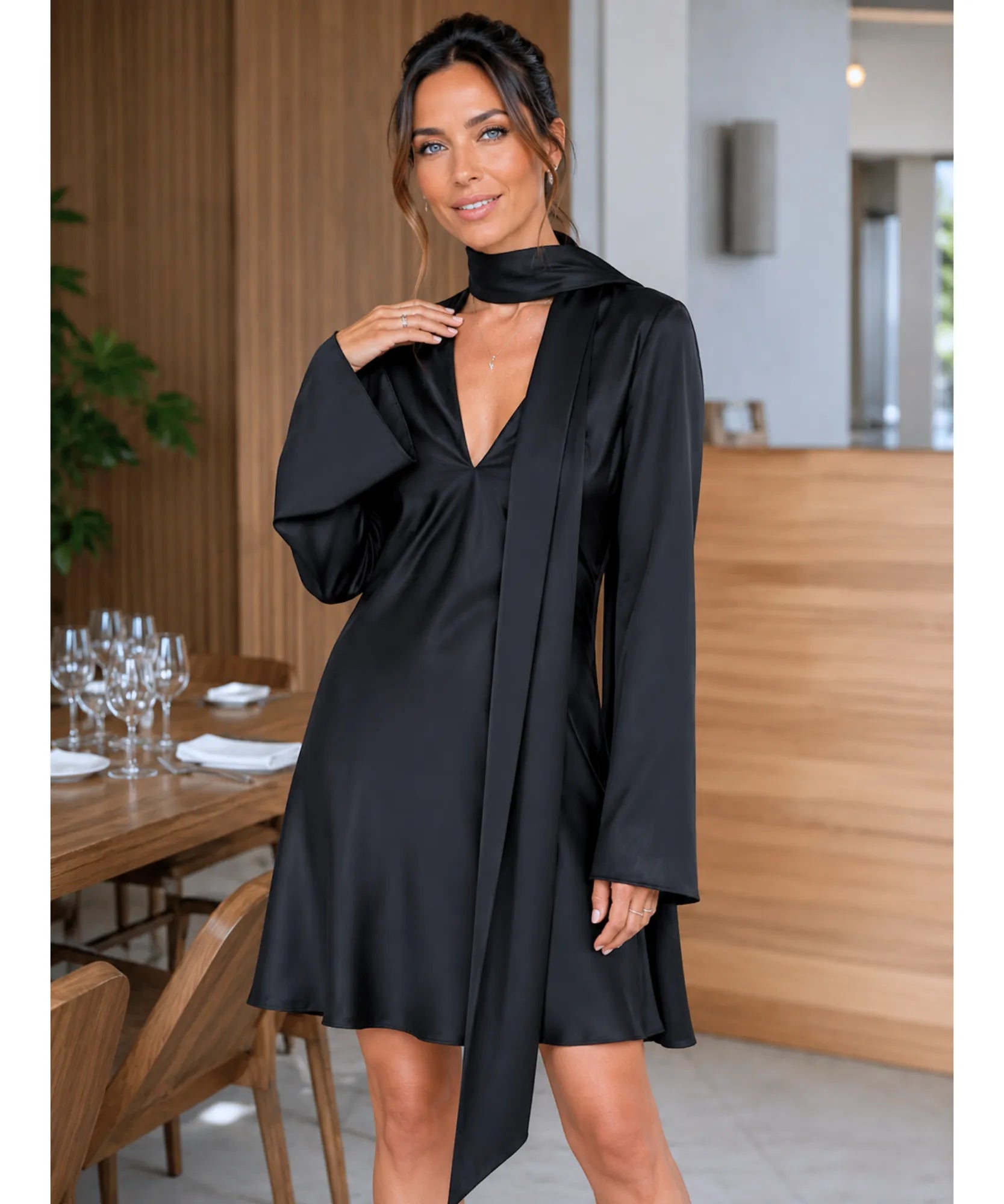 Comprar vestido curto manga longa cetim preto barato Anellimn