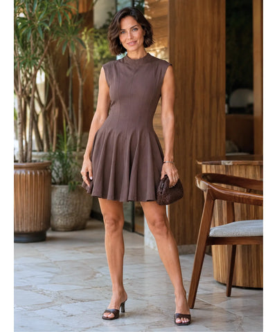 Comprar vestido curto rodado feminino saia godê marrom barato Anellimn