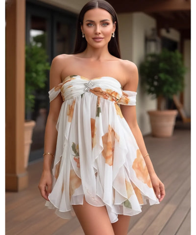 Comprar vestido curto soltinho tomara que caia floral babados chiffon festa verão barato promoção ZARA