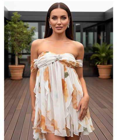 Comprar vestido curto soltinho tomara que caia floral babados chiffon festa verão barato promoção ZARA