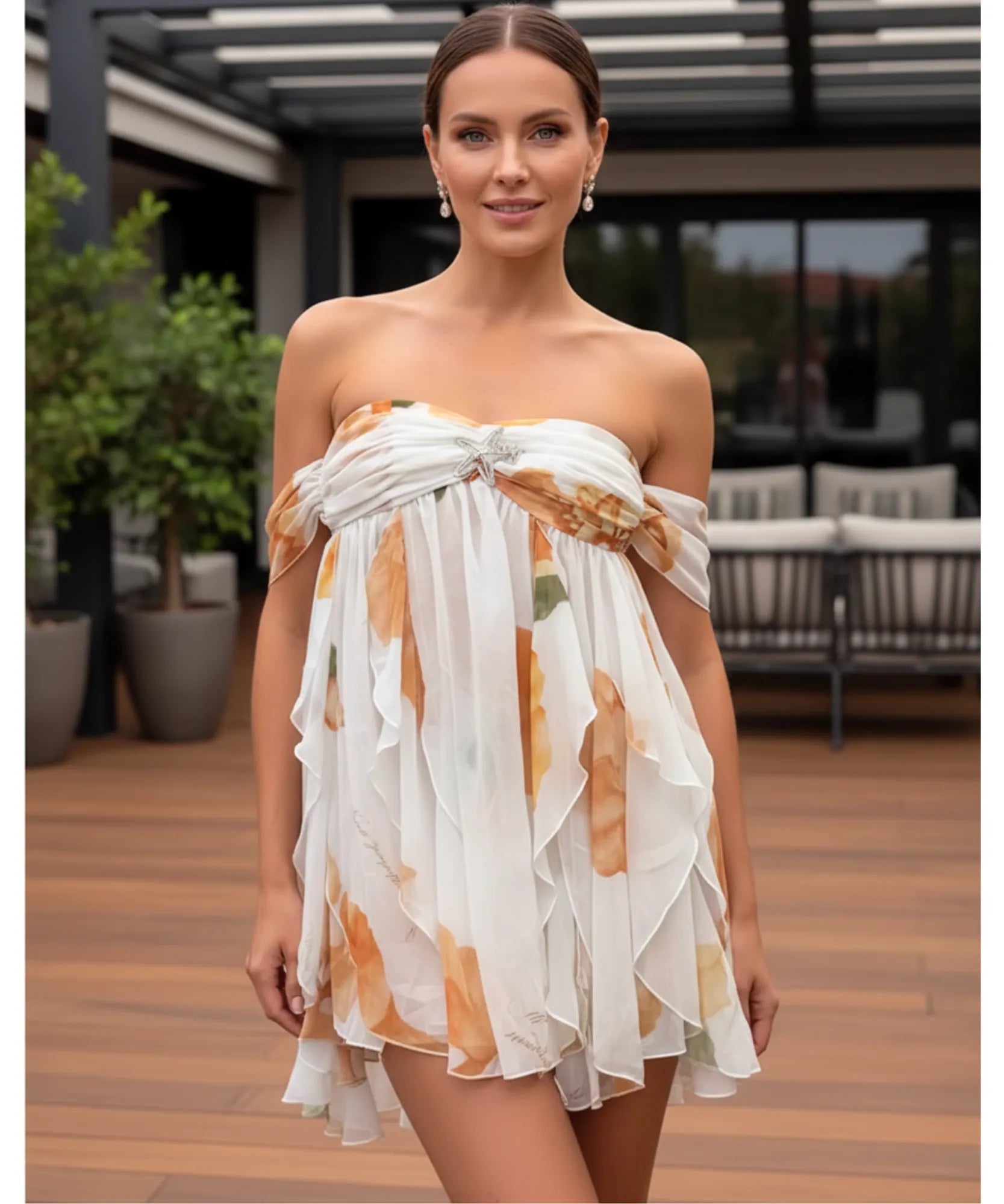 Comprar vestido curto soltinho tomara que caia floral babados chiffon festa verão barato promoção ZARA