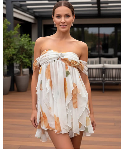 Comprar vestido curto soltinho tomara que caia floral babados chiffon festa verão barato promoção ZARA