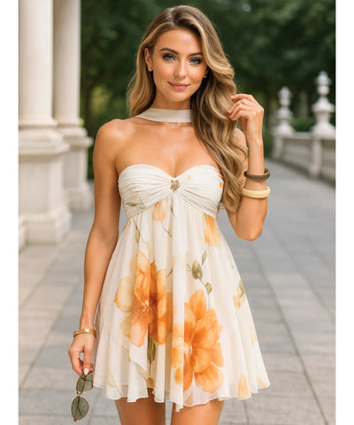 Comprar vestido curto soltinho tomara que caia floral babados chiffon festa verão barato promoção ZARA

