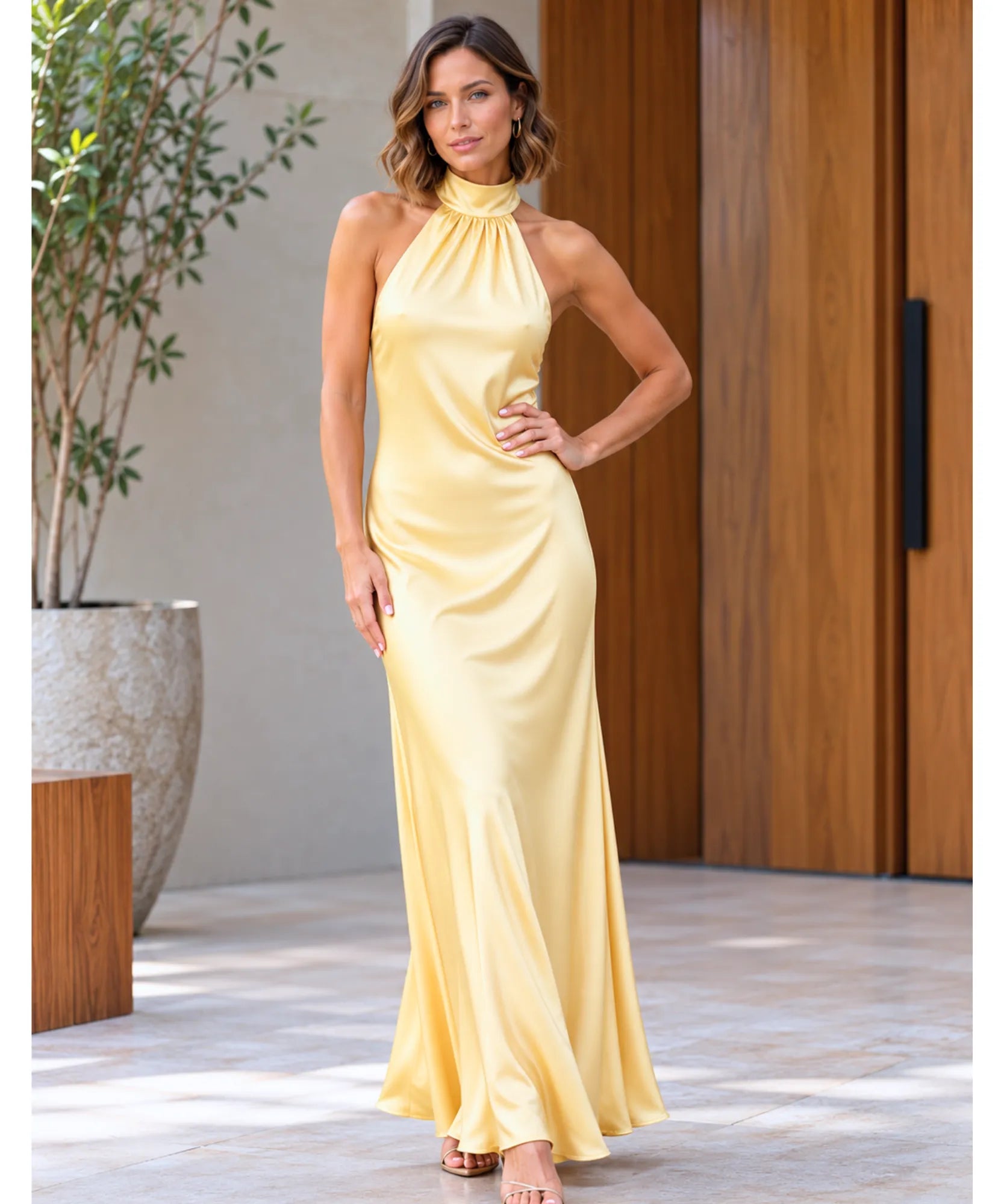Comprar vestido de cetim longo amarelo manteiga para madrinha em promoção Anellimn