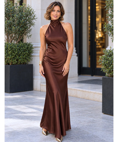 Comprar vestido de cetim longo frente única gola alta marrom em promoção Anellimn