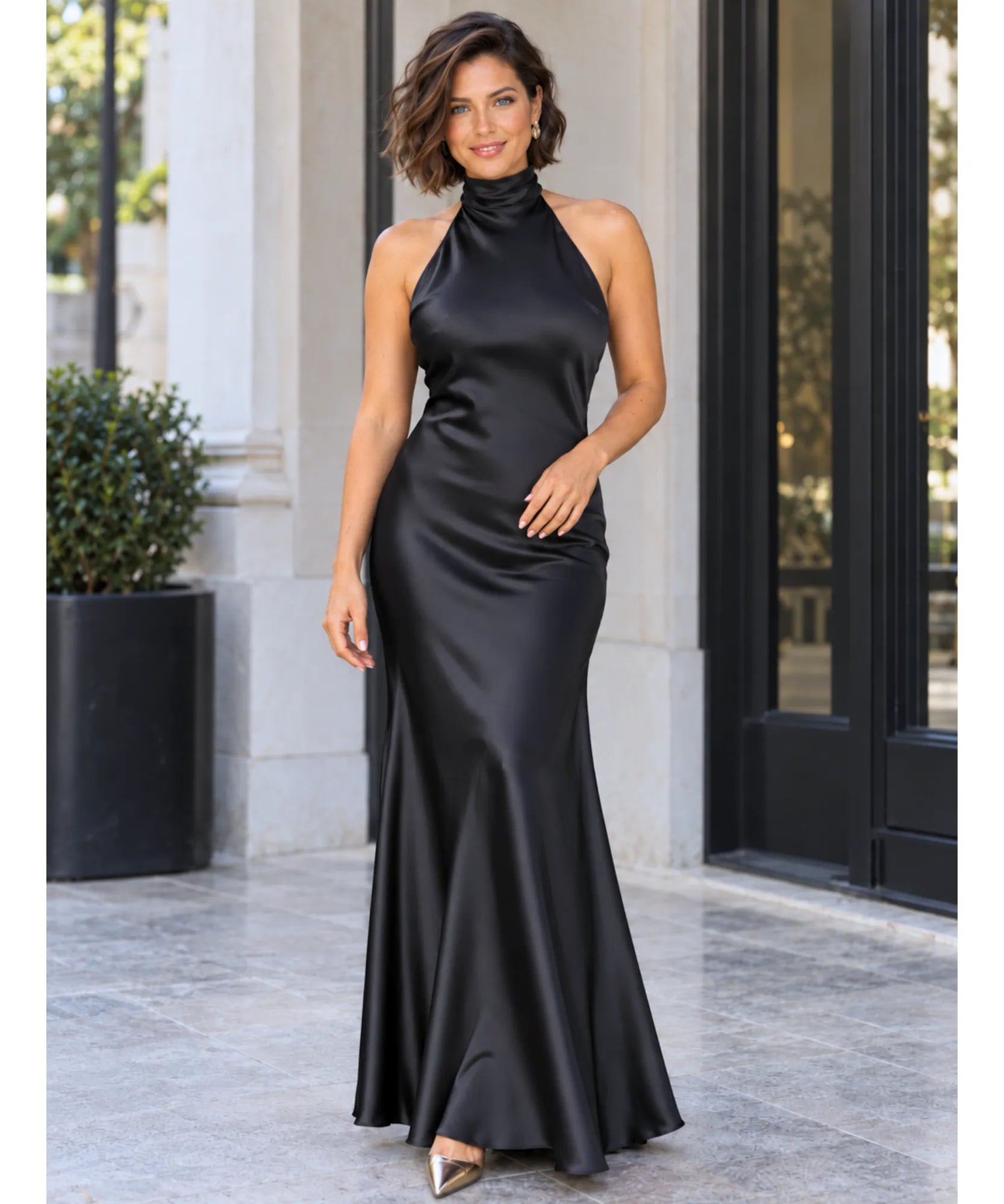 Comprar vestido de cetim longo frente única gola alta preto em promoção Anellimn