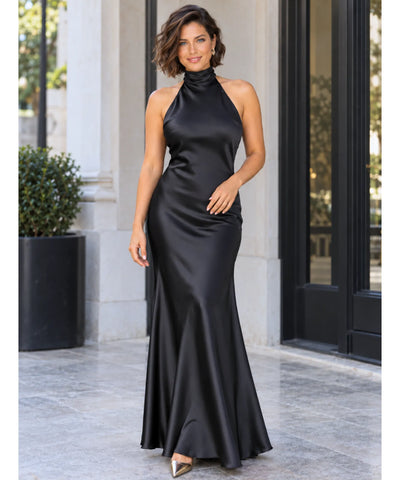 Comprar vestido de cetim longo frente única gola alta preto em promoção Anellimn