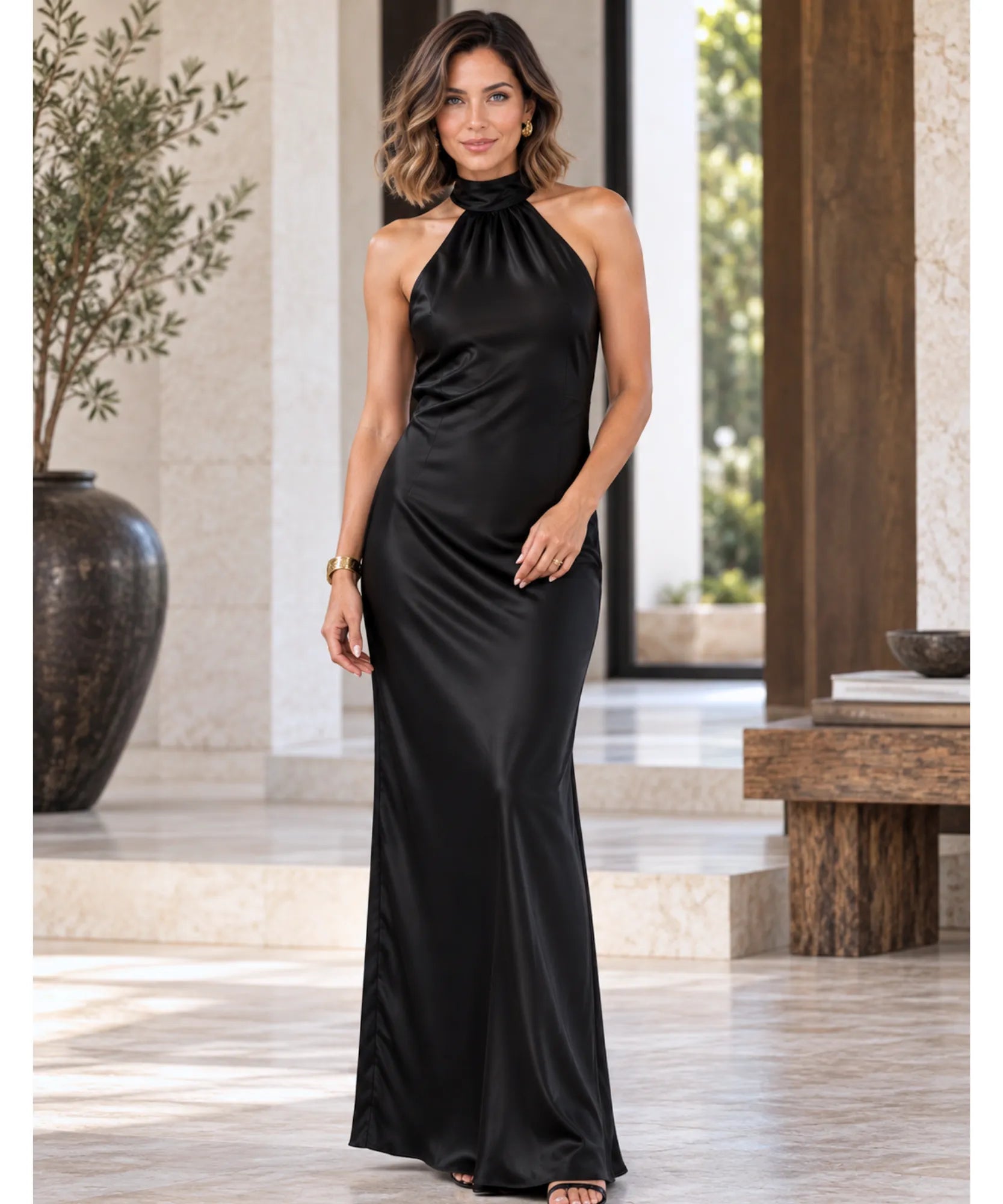 Comprar vestido de cetim longo preto com amarração no pescoço em promoção Anellimn