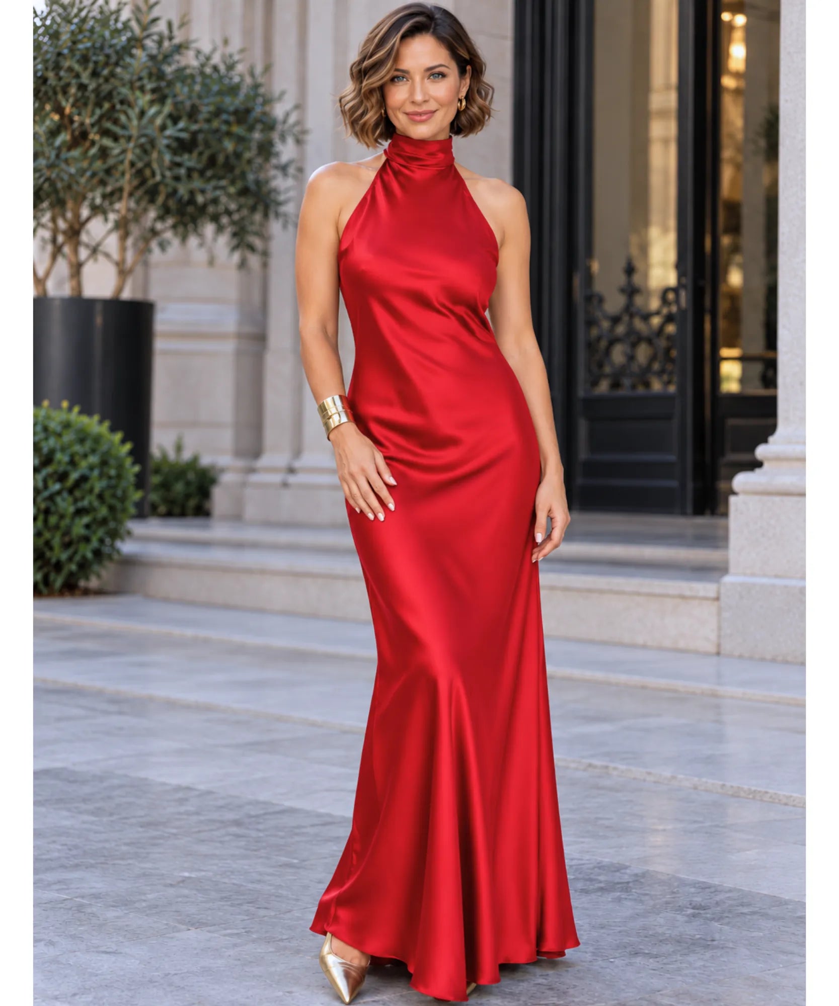Comprar vestido de cetim longo frente única gola alta vermelho em promoção Anellimn