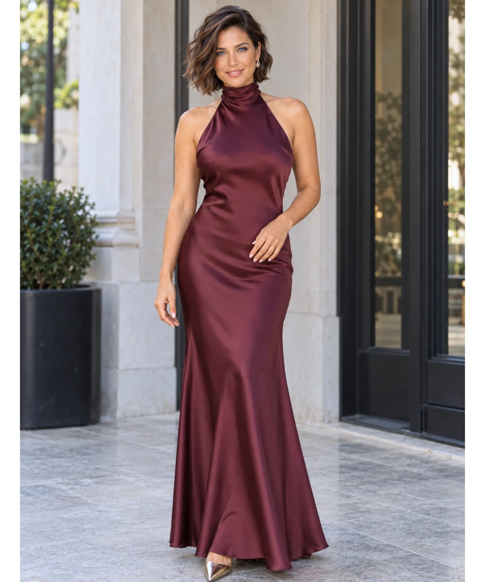 Comprar vestido de cetim longo frente única gola alta vinho em promoção Anellimn