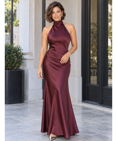 Comprar vestido de cetim longo frente única gola alta vinho em promoção Anellimn