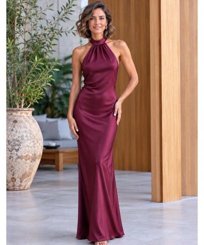 Comprar vestido de cetim longo vinho para festa em promoção Anellimn