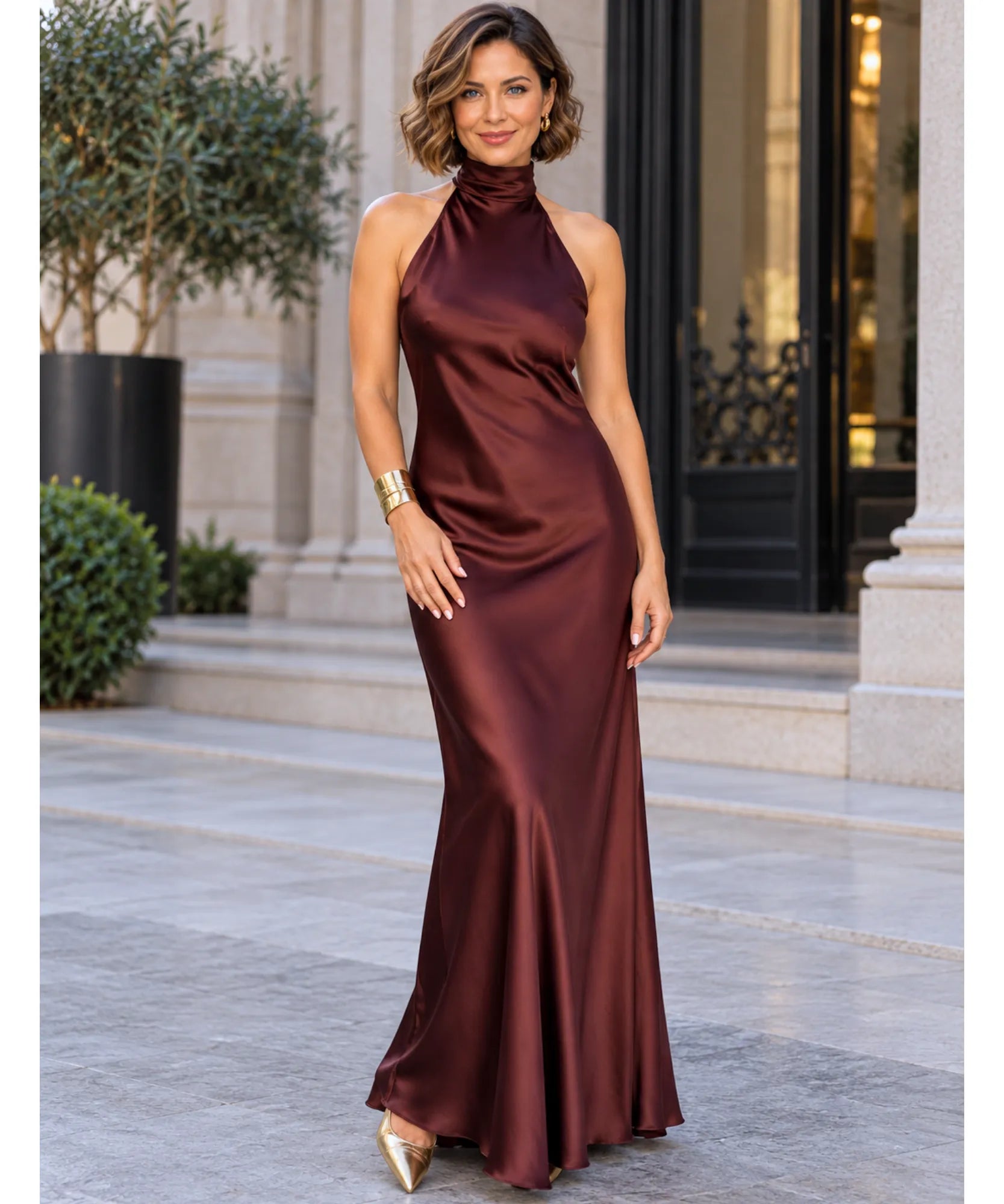 Comprar vestido de cetim longo vinho modelagem sereia em promoção Anellimn