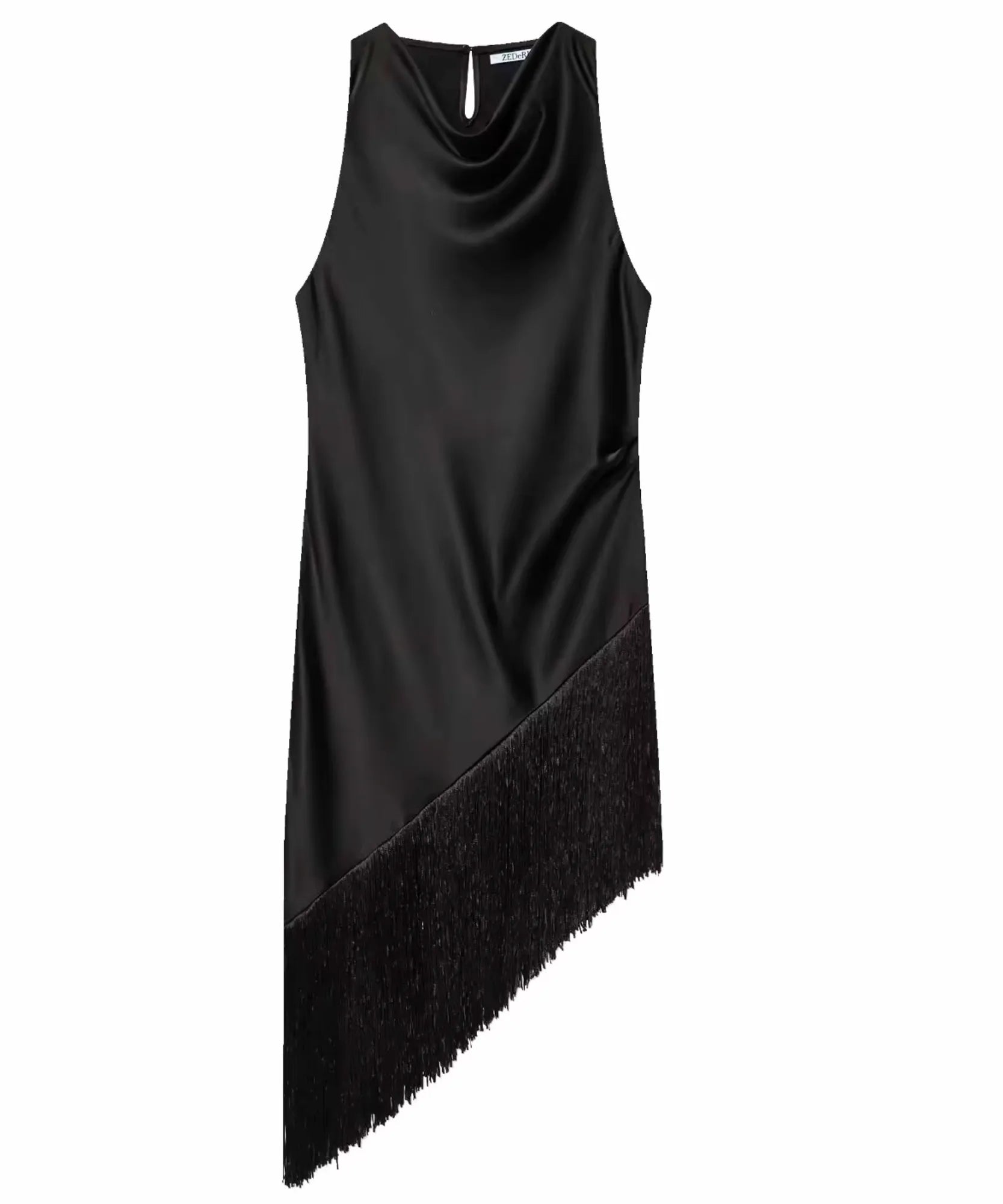 Comprar vestido de cetim preto com franja assimétrica gola drapeada Anellimn