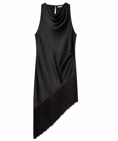 Comprar vestido de cetim preto com franja assimétrica gola drapeada Anellimn